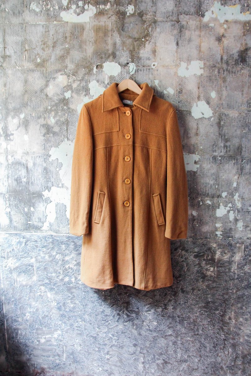 裊裊百貨公司-Vintage 駝色簡約毛呢大衣 復古著 - 外套/大衣 - 其他人造纖維 