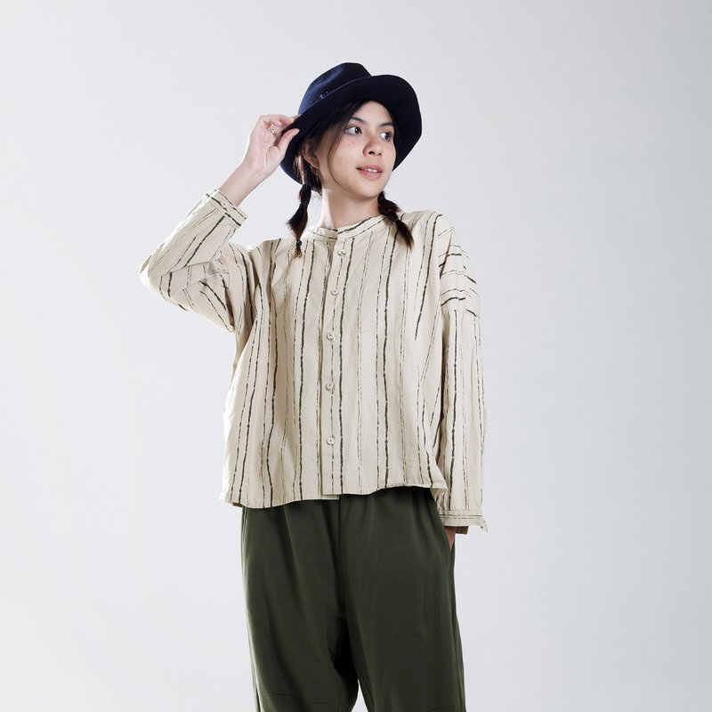 Natural striped small stand collar shirt - Women's Shirts - Cotton & Hemp Khaki