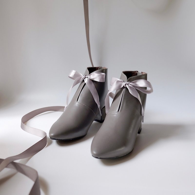 Full leather air-cushion 3ways three-wear boots (single wear/ Linen/ribbon) temperament gray - รองเท้าบูทสั้นผู้หญิง - หนังแท้ สีเทา