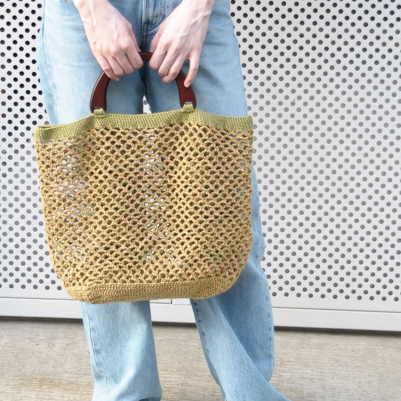 焙茶甜橘手提包/綠橘編織/日本木提把/編織包 - 手提包/手提袋 - 棉．麻 綠色