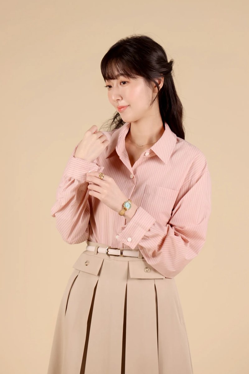 知性儷人 純棉豎條紋襯衫—法式粉 - 女襯衫 - 棉．麻 粉紅色