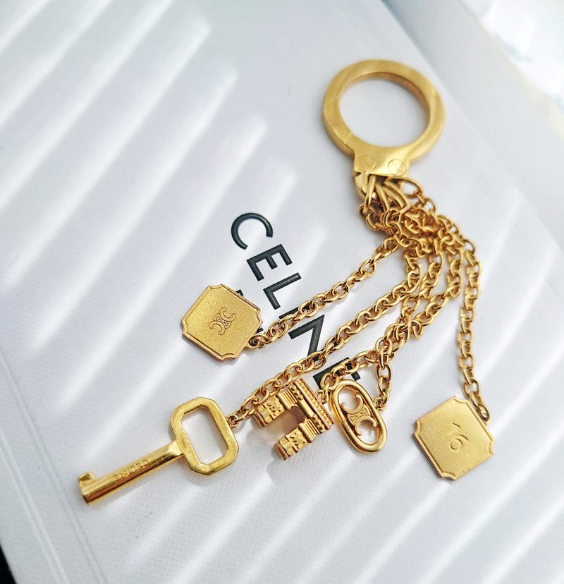 中古美品 帶盒 CELINE 黃金凱旋門流蘇包包掛飾 掛件鎖匙扣鑰匙圈 - 鑰匙圈/鑰匙包 - 銀 黃色