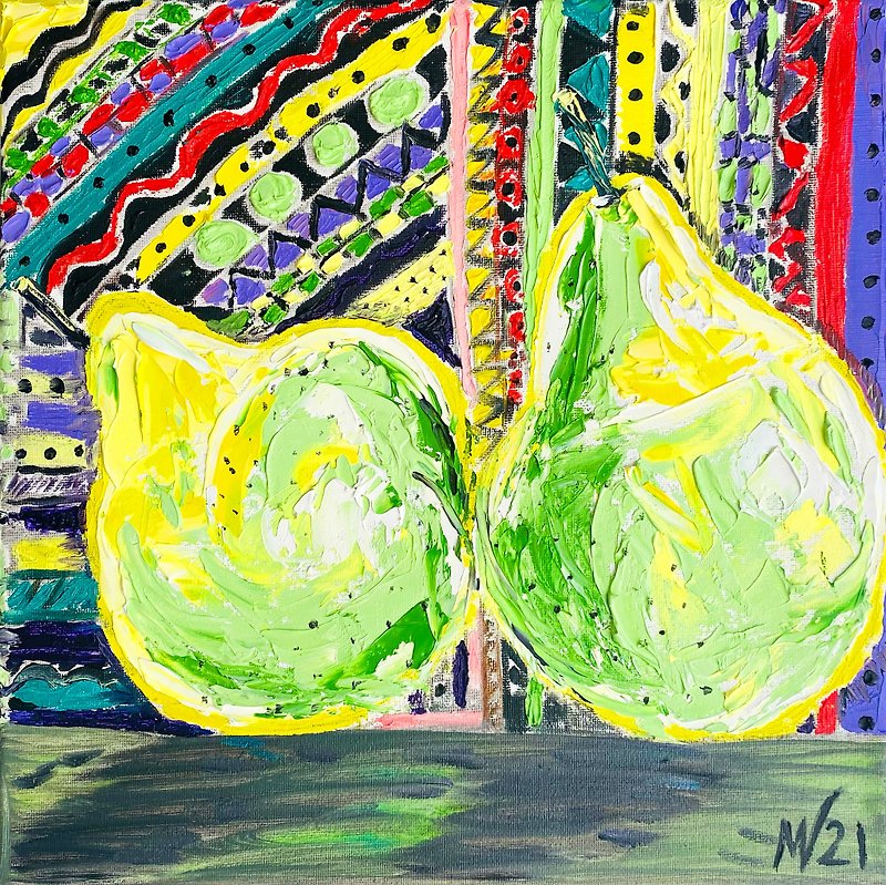 梨の絵画 2 オリジナルアート フルーツアート 梨の壁アートワーク 食品装飾品 MSUS - その他 - 金属 多色