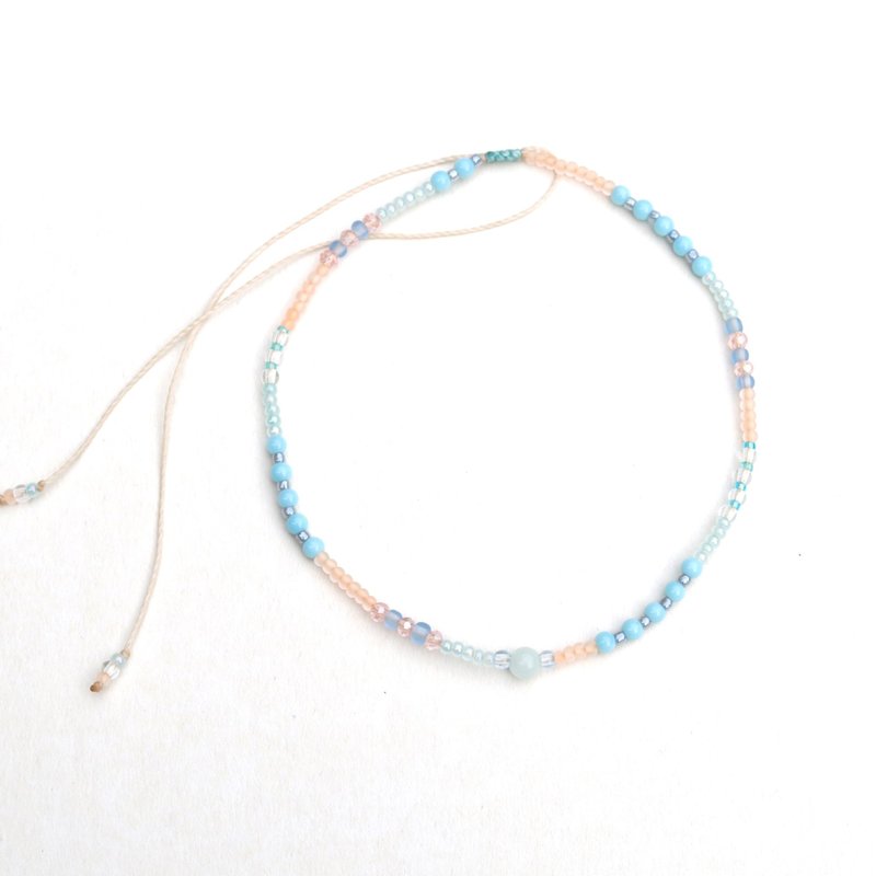 Mint blue light orange beaded adjustable choker necklace - Necklaces - Thread Multicolor