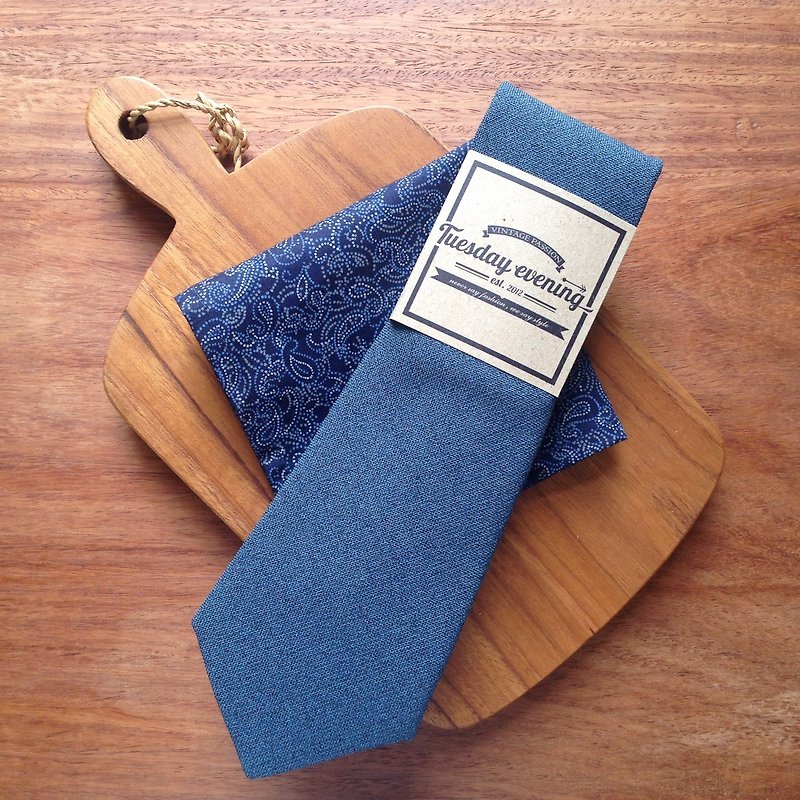 Vintage Blue Tie Set with pocket square - เนคไท/ที่หนีบเนคไท - ผ้าฝ้าย/ผ้าลินิน สีน้ำเงิน