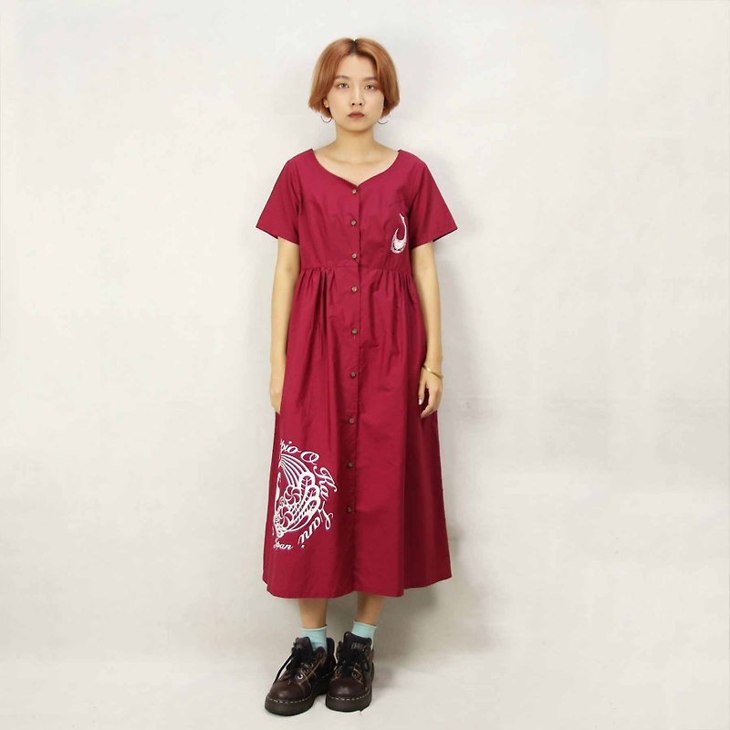 Tsubasa.Y Ancient House 015 Burgundy wine vintage dress, dress skirt dress - ชุดเดรส - เส้นใยสังเคราะห์ 