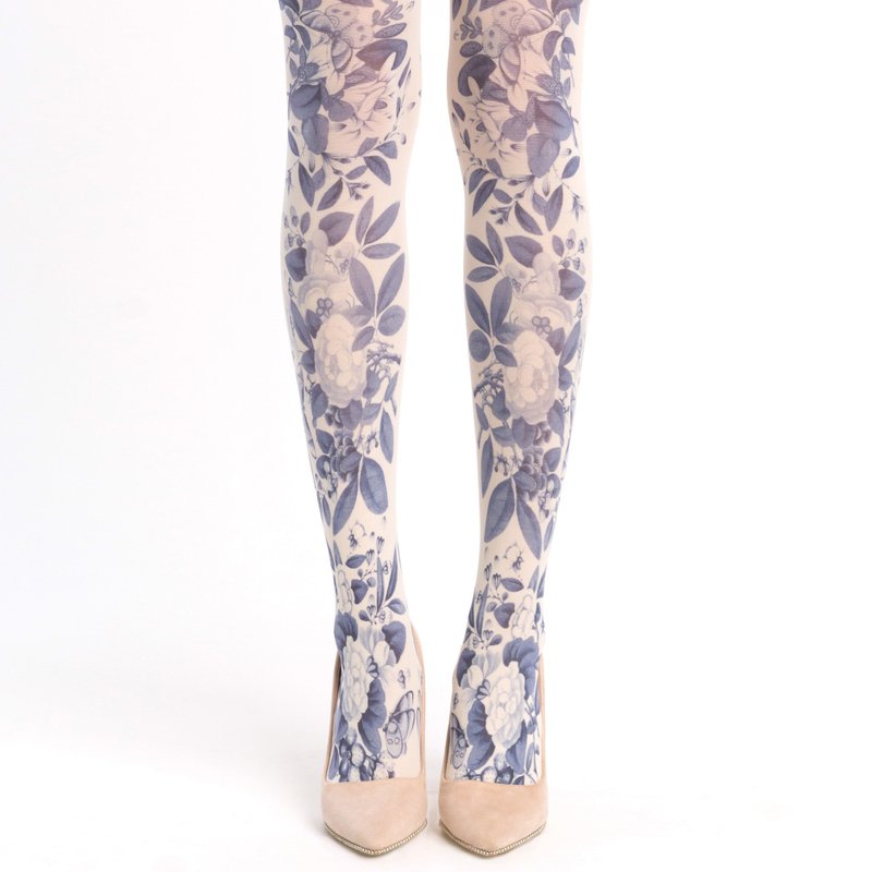 Blue floral tights for women, sweet tea party outfit accessory, lolita fashion - 內搭褲/緊身褲 - 尼龍 白色