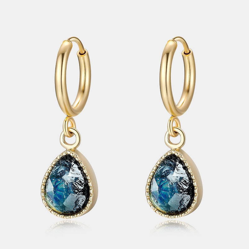 Memorial K Gold Earrings - Beaded Bezel Setting Earring Rings (Tear) KEB02 - Earrings & Clip-ons - Glass Blue