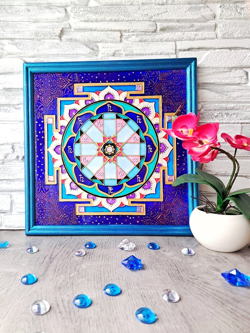 Sri Shani Saturn Yantra Hand-painted stained glass Meditation Yoga Vedic decor - Wall Décor - Glass Blue