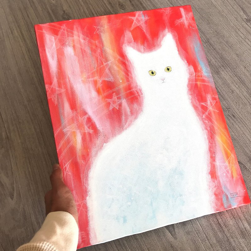 [IROSOCA] White cat looking at canvas painting F6 size original picture - โปสเตอร์ - วัสดุอื่นๆ สีแดง