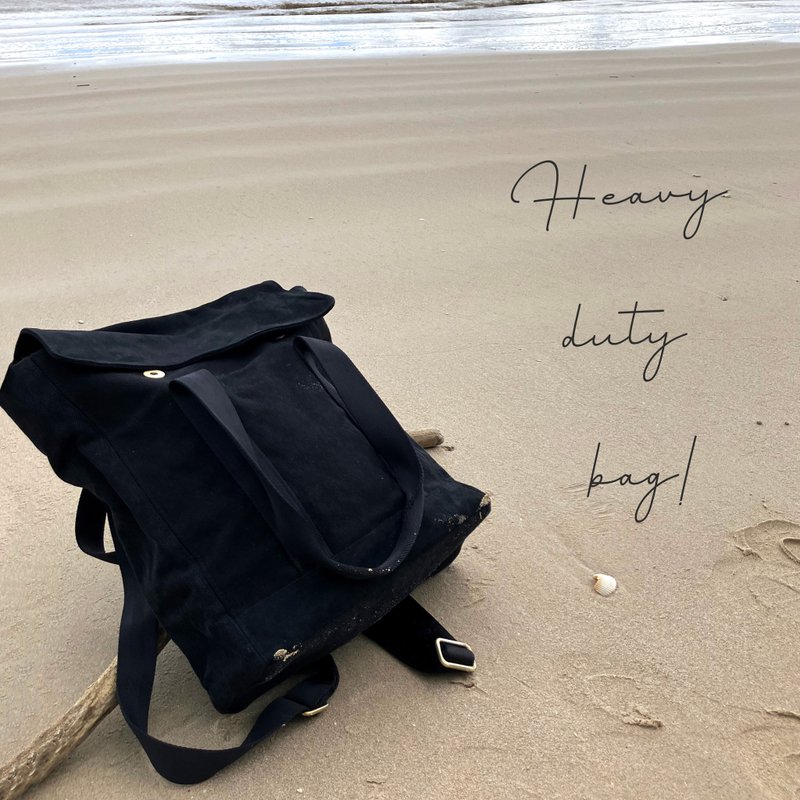 Washed canvas & Suede Leather heavy duty bag, Unisex Multi Purpose Tote - 後背包/背包/書包 - 棉．麻 黑色