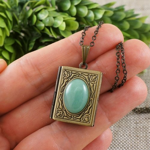 AGATIX Mint Sage Green Aventurine Book Photo Locket Pendant Necklace Woman Jewelry Gift