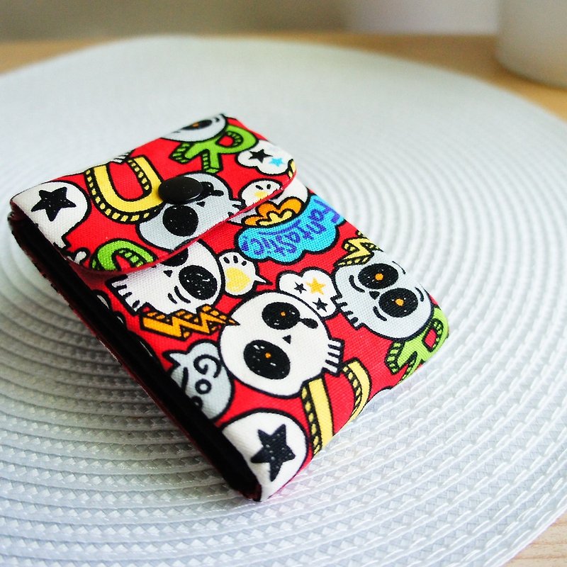 Lovely[Japanese fabric order] Q version of skull, three-layer multi-function card case - Card Stands - Cotton & Hemp Red