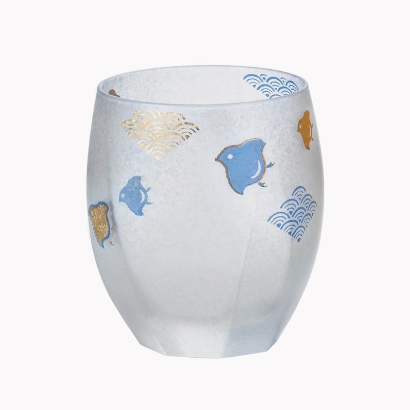345cc【日本ADERIA】夏日祭典 波千鳥 刻字玻璃杯 描金吉祥圖案 - 酒杯/酒器 - 玻璃 藍色