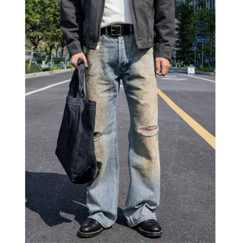 Washed Denim Trousers | Handmade Mud-Dyeing | 13oz | High-Waisted Flare | Vintage Distressed | Faded | Old-School Sewing Machine - กางเกงขายาว - ผ้าฝ้าย/ผ้าลินิน สีน้ำเงิน