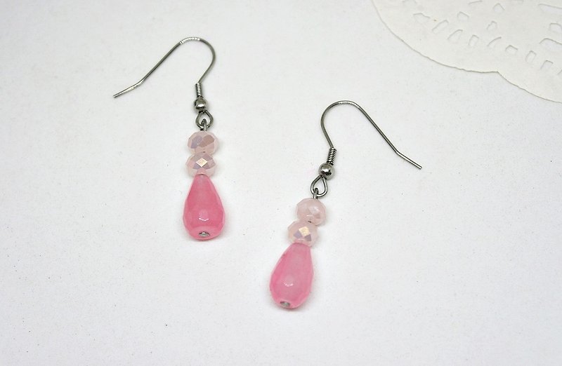 Stainless Steel X Natural Stone Hook Earrings <Pink Pink Heart> - Earrings & Clip-ons - Stainless Steel Pink