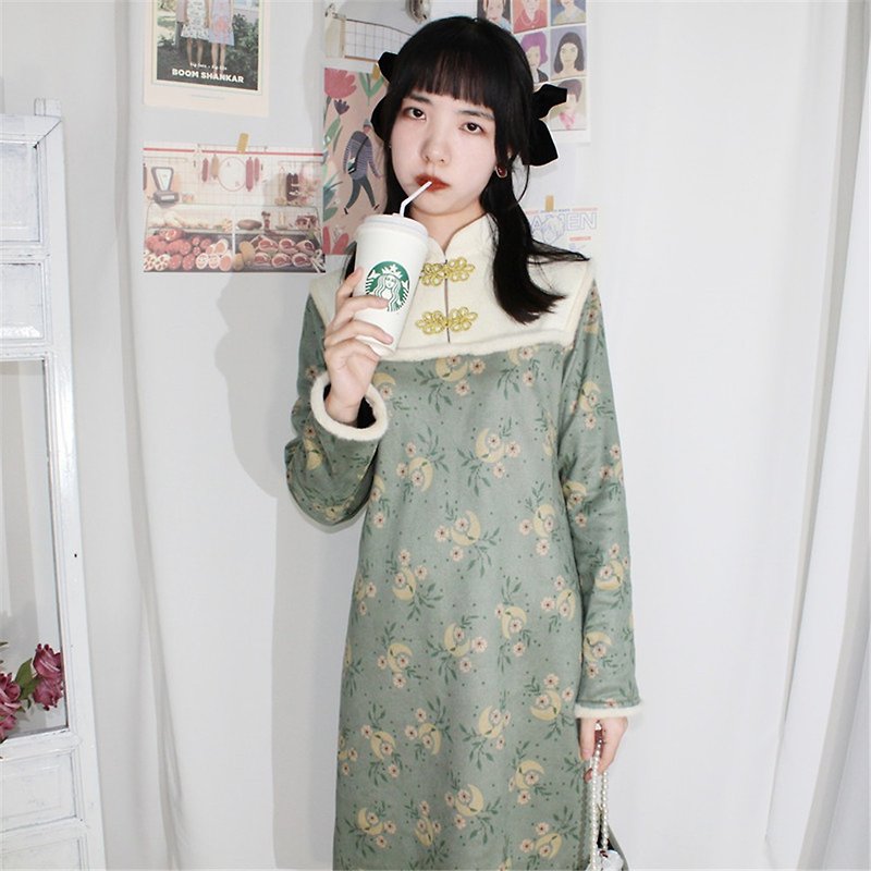 Green plus velvet autumn and winter rabbit hair floral girl dress coat new Chinese Mid-autumn Spring Festival improved cheongsam - Qipao - Polyester Green