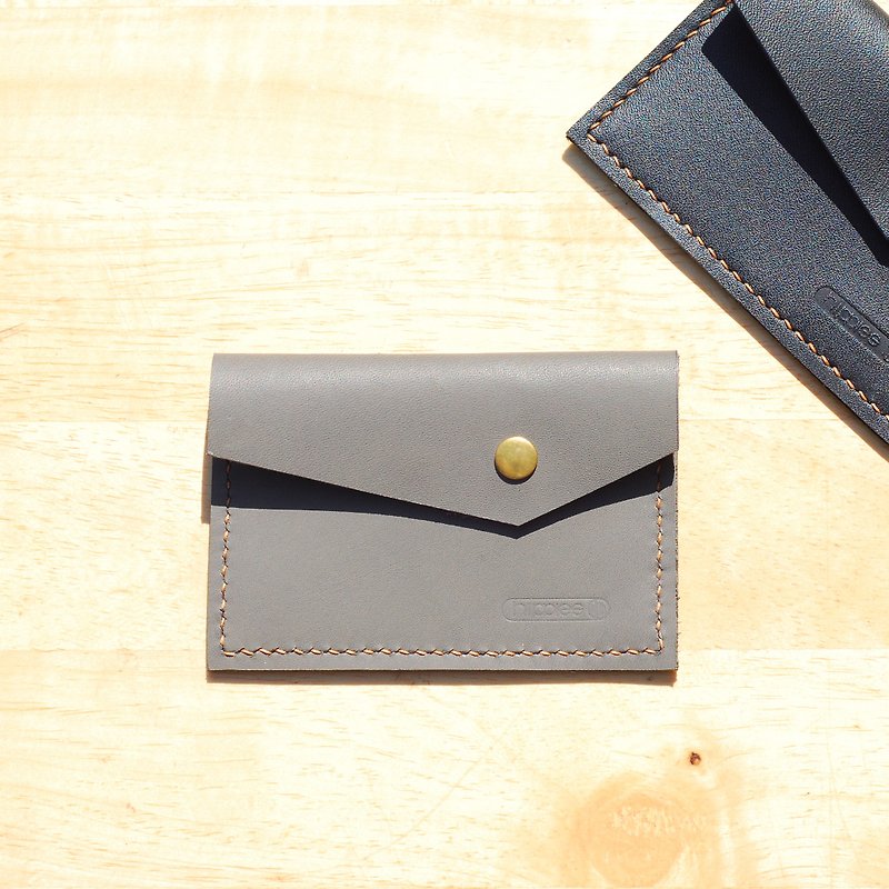 Easy business card holder / coin purse - square leather hand stitch (gray) - Card Holders & Cases - Genuine Leather Gray