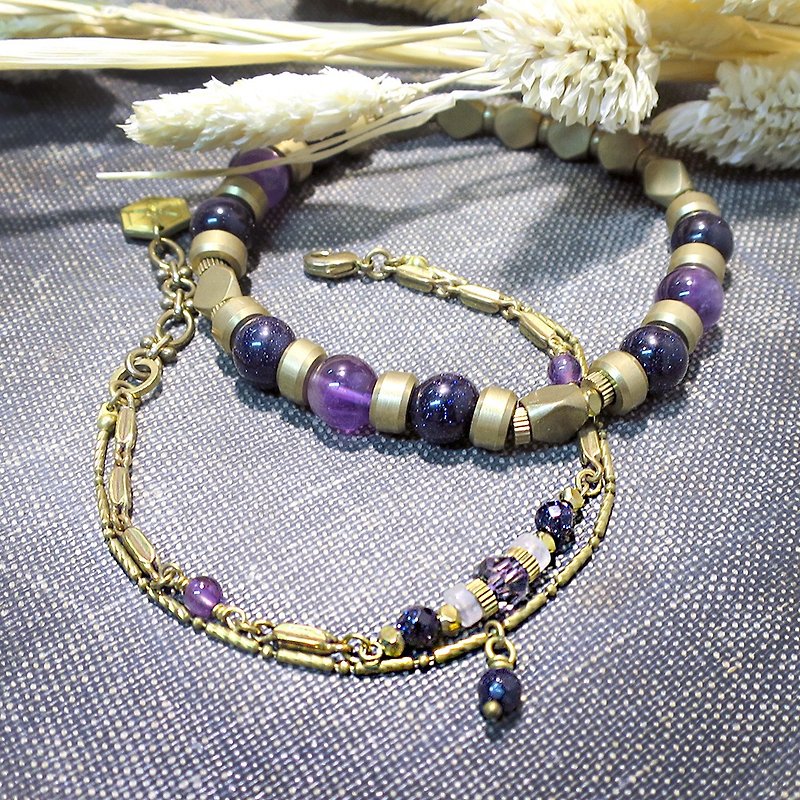 VIIART. Wisteria love. Amethyst Blue sand Stone Bronze bracelet hand ring couple of chain combinations - Bracelets - Other Metals Purple