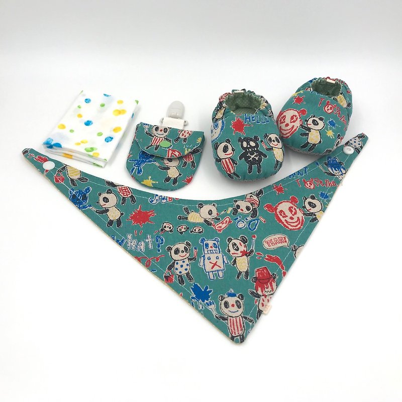 手塗りパンダグリーンボトム -  Mi Yueギフトボックス（幼児靴+ Ping Fuバッグ+スカーフ+ハンカチ） - 出産祝い用贈物 - コットン・麻 グリーン