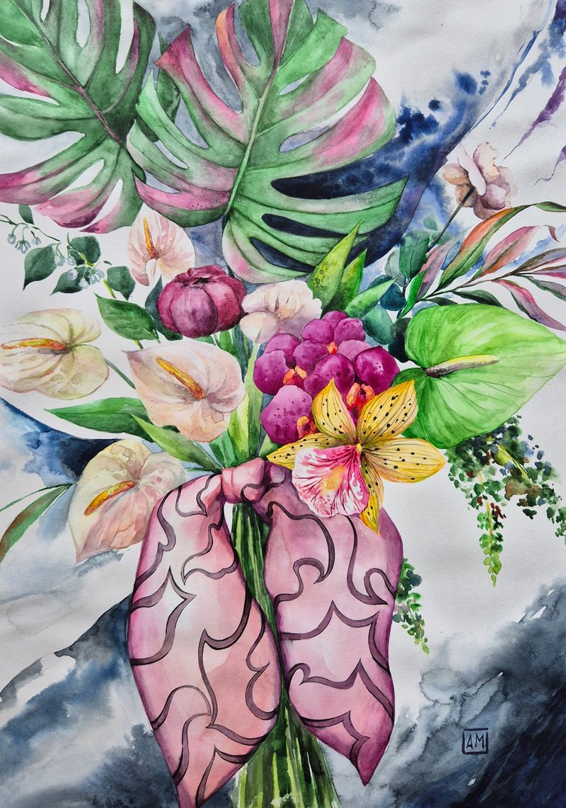 Watercolor bouquet of tropical flowers 1 - 壁貼/牆壁裝飾 - 紙 多色