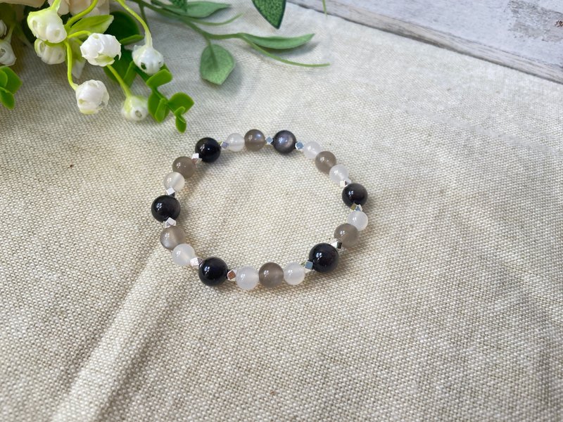 銀曜石/黑月光/白瑪瑙 天然石手鏈 - 手鍊/手環 - 半寶石 黑色