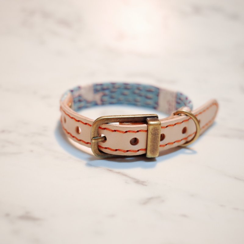 狗 項圈 S號 寬1.5公分 藍 梅花鹿 日本布 植揉皮革 可加購吊牌 可上牽繩 - 項圈/牽繩 - 真皮 