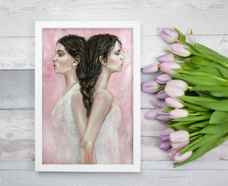 Sisters painting Original canvas art Loving sisters Two sisters artwork - โปสเตอร์ - วัสดุอื่นๆ สีแดง