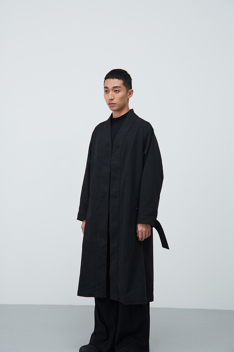 羊毛 男夾克/外套 黑色 - 羊毛開襟和式長袍 Wool Long Gown