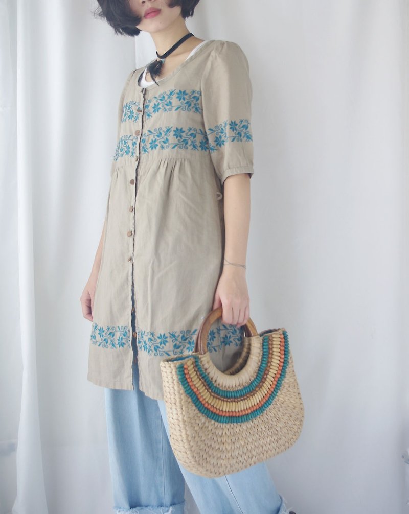 4.5studio- treasure vintage - gray camel Long embroidered cotton dress - ชุดเดรส - ผ้าฝ้าย/ผ้าลินิน สีกากี
