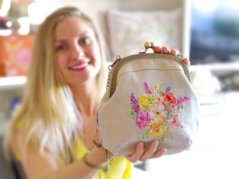 Handmade shoulder bag with cross stitched Blooming Marvellous bouquet, crossbody - Handbags & Totes - Eco-Friendly Materials Pink