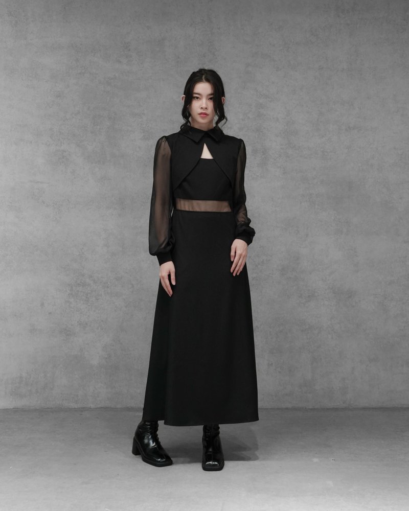 MUKK DESIGN 微透視露腰洋裝 - 洋裝/連身裙 - 聚酯纖維 黑色