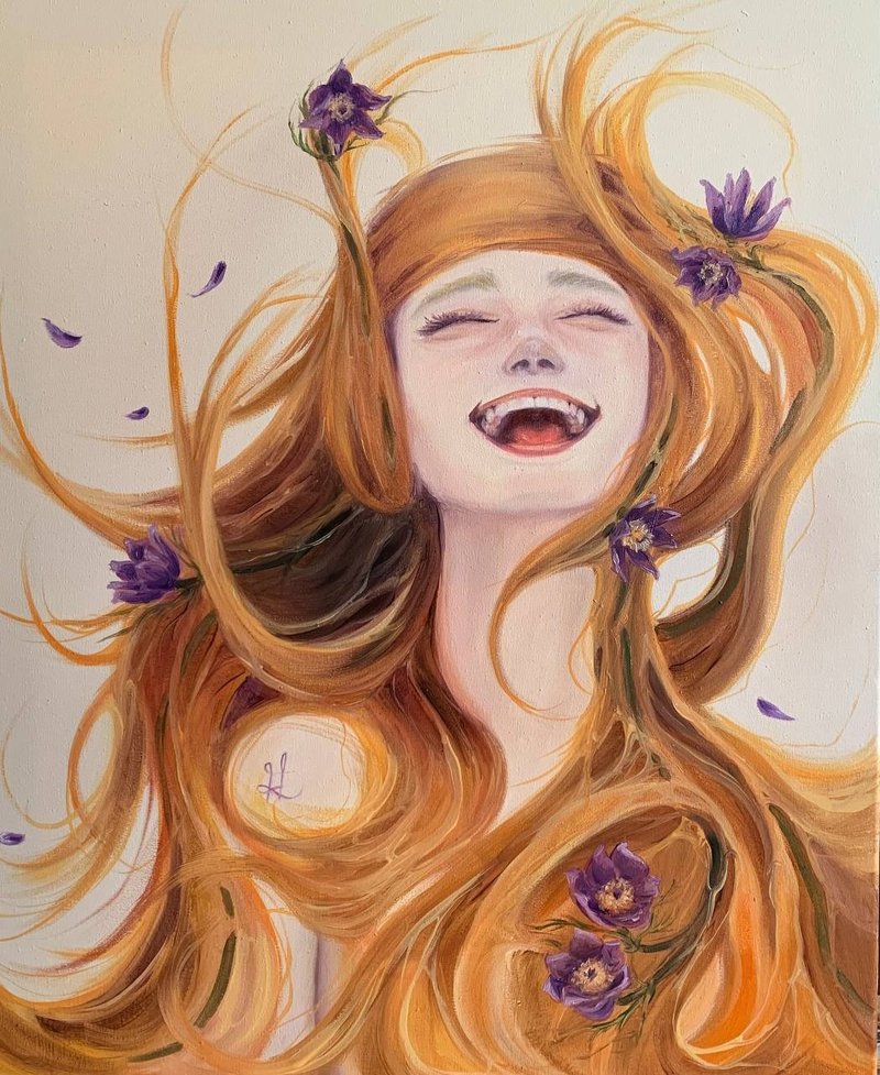 Original Painting Oil On Canvas Women Portrait Happy Girl Painting Original Art - วาดภาพ/ศิลปะการเขียน - วัสดุอื่นๆ สีส้ม