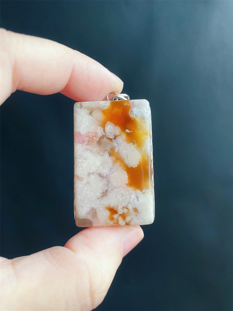 櫻花瑪瑙 焦糖黃 騷粉 天然石 S925銀鑲 項鍊 禮物 生日 - 項鍊 - 水晶 橘色