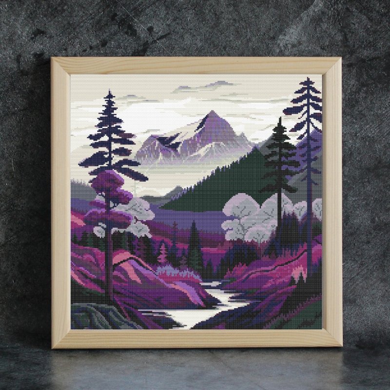 Cross stitch pattern Mountain foggy landscape, cross stitch chart PDF - 其他數位商品 - 其他材質 