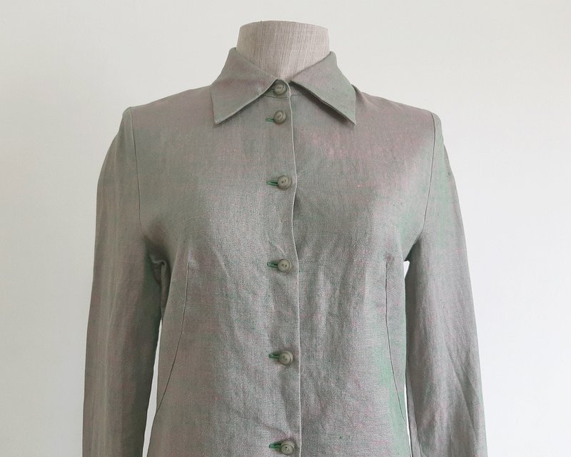 Vintage Pink Green Linen Shirt - เสื้อผู้หญิง - ลินิน สีเขียว