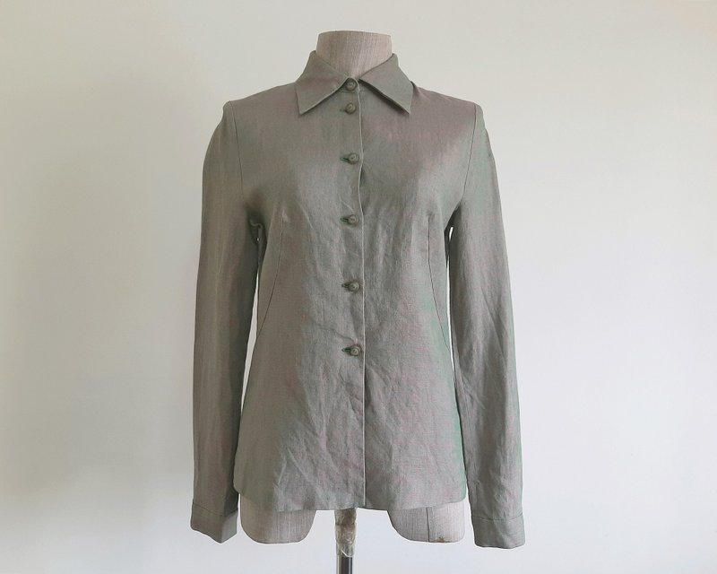 XS Vintage SYBILLA Pink Green Linen Shirt Womens Long Sleeve Blouse - 女上衣/長袖上衣 - 亞麻 綠色