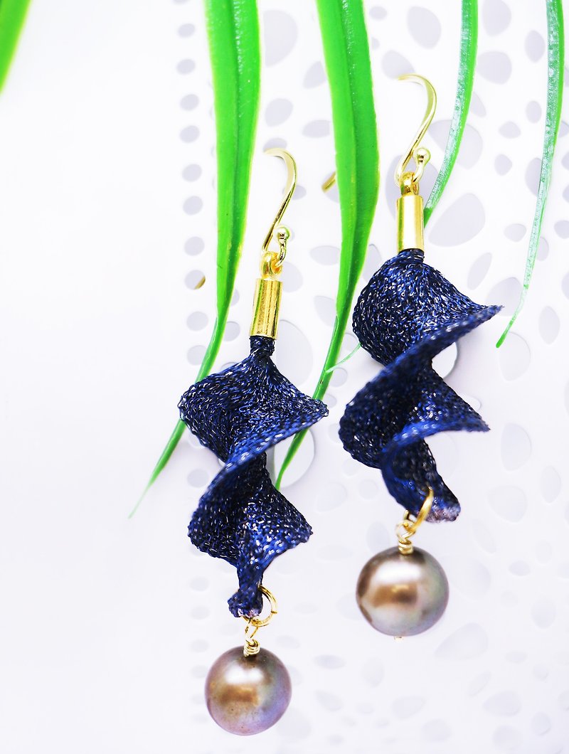Edith & Jaz • Freshwater Pearl Twist Earrings – Navy Color - Earrings & Clip-ons - Other Metals Blue