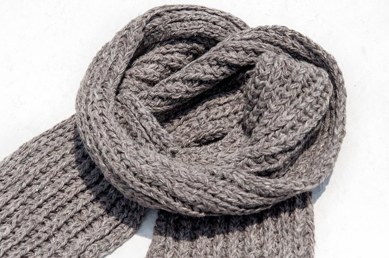 Hand-woven pure wool scarf / knit scarf / crochet striped scarf / handmade knit scarf - striped coffee - ผ้าพันคอถัก - ขนแกะ สีนำ้ตาล