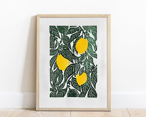 daashart Lemon linocut print Original artwork Botanical modern kitchen wall art decor