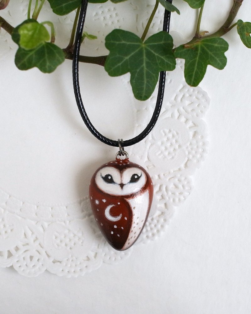 Owl pendant necklace, barn owl pendant, barn owl figurine - Necklaces - Other Materials Brown