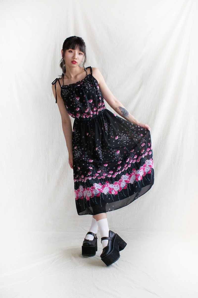 Thin shoulder strap with black flowers - One Piece Dresses - Polyester 