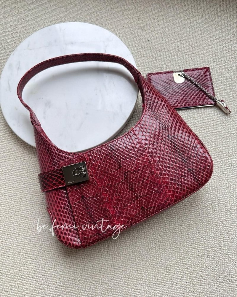 中古Salvatore Ferragamo酒紅蛇皮腋下包 - 側背包/斜背包 - 真皮 紅色