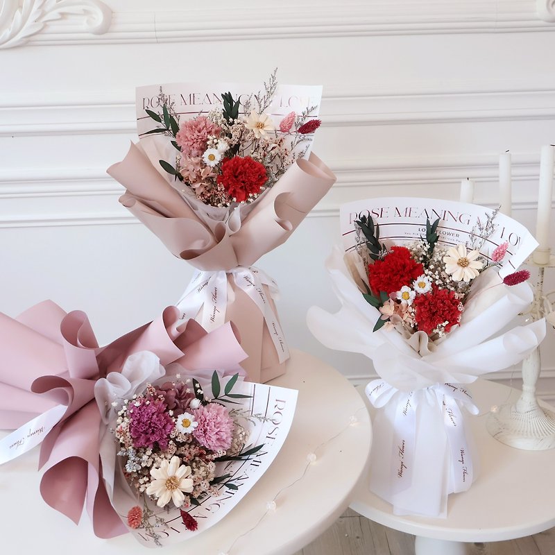 Pink and Purple Carnation/Rose Bouquet + Transparent Window Bag Set Preserved Flower Chinese Valentine's Day Graduation Bouquet - Dried Flowers & Bouquets - Plants & Flowers Pink