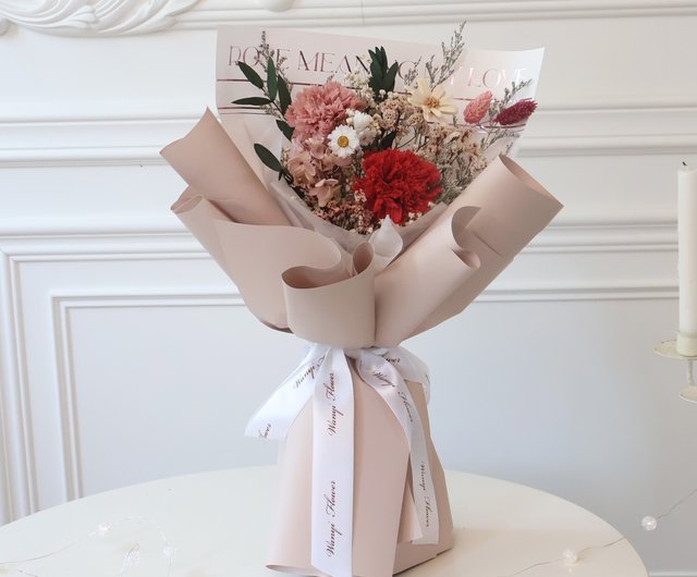 パープルのカーネーション/バラの花束+透明窓バッグセット、母の日の