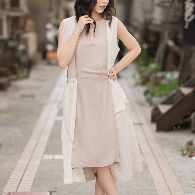 Crepe pleats - drawstring dress - milk tea color - One Piece Dresses - Cotton & Hemp Gold