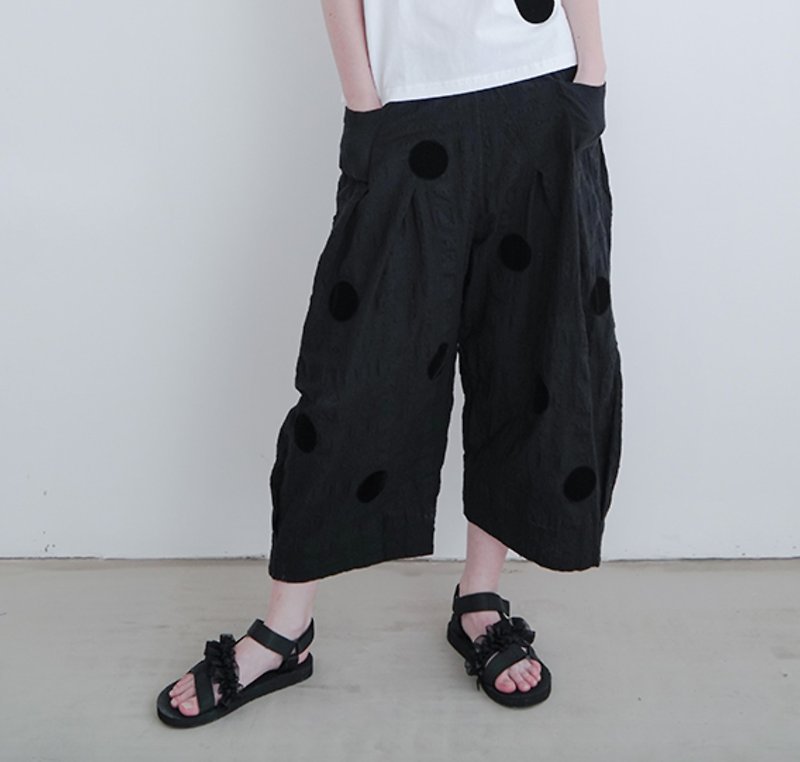 Black dot wide pants wide leg pants - imakokoni - กางเกงขายาว - ผ้าฝ้าย/ผ้าลินิน สีดำ