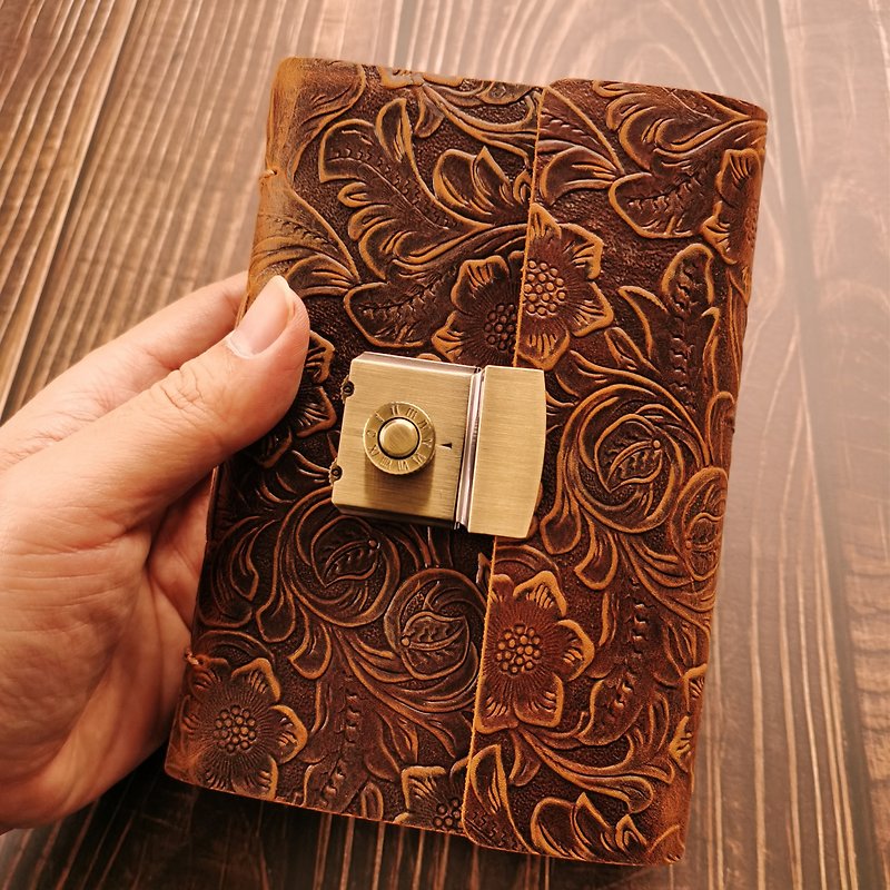 Retro handmade cowhide sewing password lock hand account notepad travel diary gift - Notebooks & Journals - Genuine Leather 