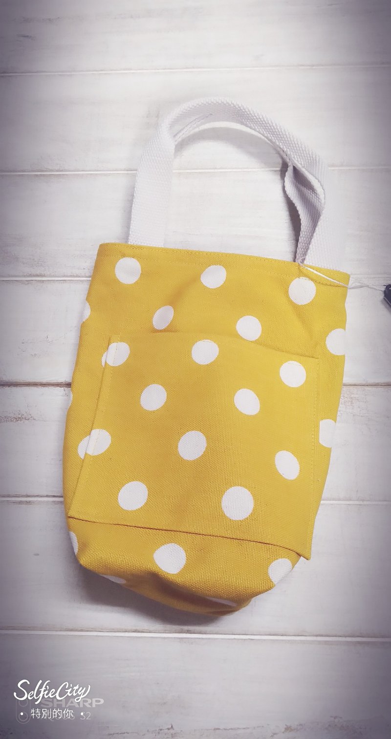 輕便黃底圓點水壺袋 手提包 帆布包 - 手提包/手提袋 - 棉．麻 黃色