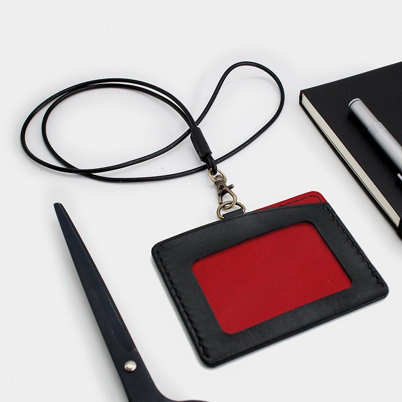RENEW-Horizontal document holder, card holder black + red vegetable tanned leather hand-made hand-sewn - ที่ใส่บัตรคล้องคอ - หนังแท้ สีแดง